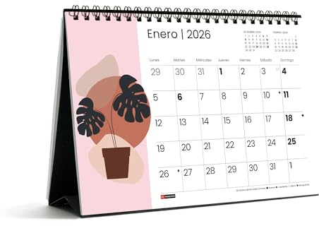 Miquelrius - Calendrier de bureau 2026, organiseur annuel A5 : 210 x 148,5 mm, avec espace pour noter, reliure spirale double, planificateur 12 mois, espagnol, abstrait