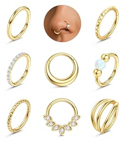 Adramata 8Pcs Piercing Nariz Acero Quirurgico Septum Piercings Hipoalergénico CZ Ópalo Pendiente Aros Pequeño Piercings Nariz Aro Piercing Oreja Tragus Helix Oro Plata