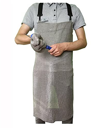 Delantal de carnicero de acero inoxidable resistente a los cortes, babero de trabajo de seguridad y delantal resistente a puñaladas con correas de hombro ajustables, plata, 55x70cm/21.65x27.56