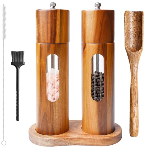 Juego de 2 molinillos de sal y pimienta de madera, molinillo de pimienta manual, mecanismo de cerámica, molinillo de especias, sal para especias, pimienta, sal, 21,5 cm (posavasos + cuchara de llenado