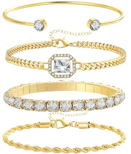 SIXDUTON 4 stycken armband kvinnor 14 karat guldpläterade armband kubisk zirkonia armband Figaro tennisarmband justerbara smycken set gåvor för kvinnor, Eine Grösse, Metall, Ingen ädelsten
