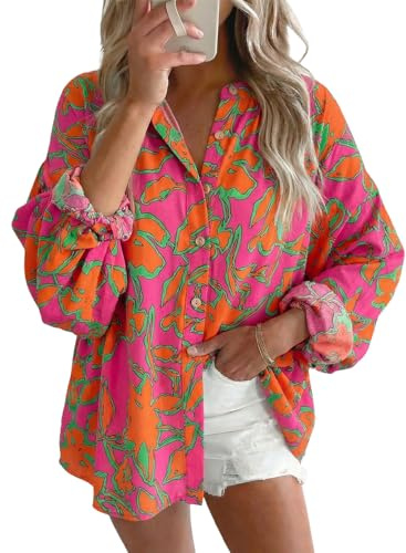 Astylish Women's Bohemian Floral Lightweight Spring Tops Vintage Chic Vibrant Loose V Neck Pleated Flowy Blouses Elegant Office Casual Button Up Dressy Long Puff Sleeve Shirts Rose Small