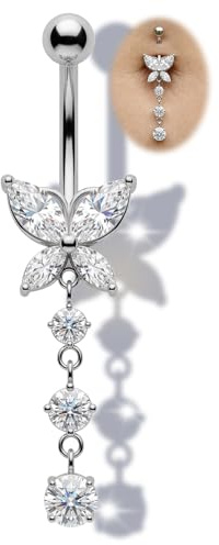 AceFun Navelpiercing, silver, guldpläterad, 925, 14G, 6 mm, 8 mm, 10 mm, 12 mm, 14 mm, piercing, fjäril, mage, rund zirkonia, långt hänge, piercingsmycken för kvinnor