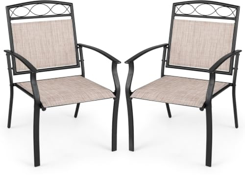 COSTWAY Lot de 2 Chaises de Jardin Extérieur, Tissu Respirant, Charge 150kg | Cadre en Métal, Dossier Incliné, Accoudoirs, Fauteuil Exterieur Ergonomique pour Terrasse Balcon, 60,5 x 73 x 92,5 cm