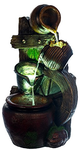 Brunnen Wagenrad G53-17100 fontän 1 LED-lampor dekorativa fontän vatten funktion fågelbad med elektrisk pump 59 cm hög dekorativ polyresin trädgårdsdekoration
