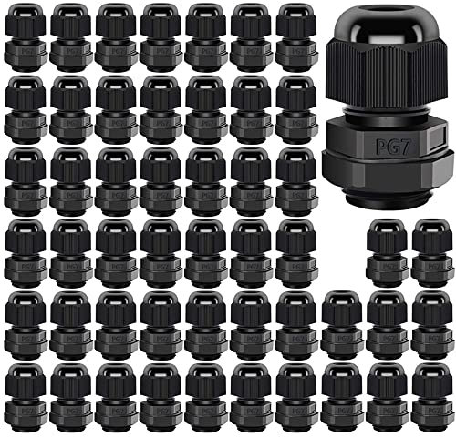 Gebildet 50Pcs Cable Gland, PG7 Plastic IP68 Waterproof Adjustable 3-6.5mm Cable Gland Joint with Gaskets, M12*1.5 Wire Connector, Wire Protector (Black)