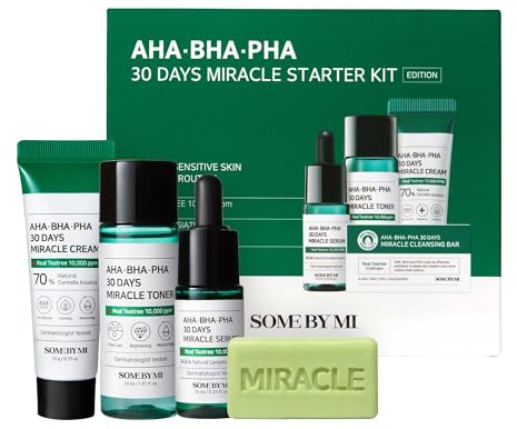 SOME BY MI AHA BHA PHA 30 Tage Starterset - Toner 1,01 oz, 0,33 oz Serum, 0,7 oz Creme, 1,05 oz Reinigungsstange - Hautfreundliches tägliches Peeling-Pflege-Set