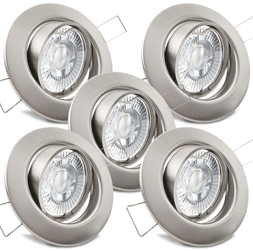 trendlights24 Decora LED Einbaustrahler 230V Edelstahl rund 3-Stufen dimmbar extra flach 35mm, 5er Set Warmweiß 5W Spots, Einbauleuchten schwenkbar