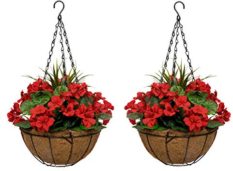 GreenBrokers Coir 2 x konstgjorda runda hängande korgar med röda pelargon (set med 2)