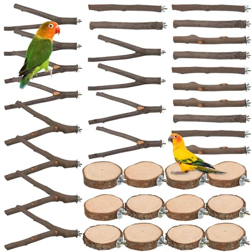 9 PCS Natural Wood Bird Perch, Wooden Parrot Perch Stand Bird Cage Branches Platform Accessories for Parakeets Cockatiels Conures Macaws Finches Love Birds