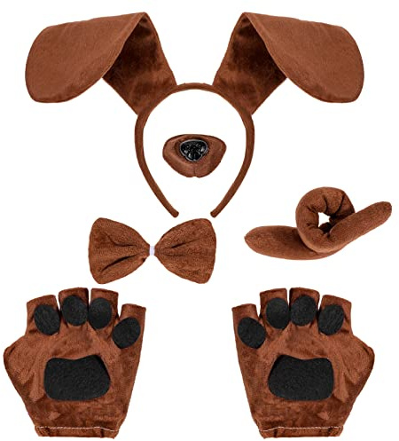 5 Piezas Disfraces de Perro,Disfraces de Animales Diadema Orejas Perro Pajarita Cola Nariz Falsa Guantes Pata Niños Adultos,Disfraz Halloween Carnaval Regalos de Fiesta de Cumpleaños