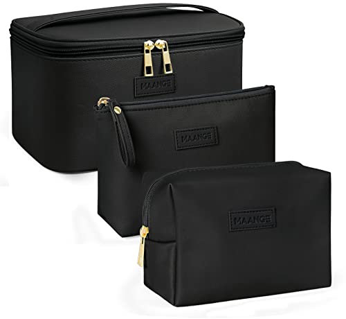 MAANGE 3 Stück Kosmetiktaschen (L+M+S), PU Leder Schminktasche für Damen Tragbare Reise Kosmetiktasche Kleine Make Up Tasche mit Fächern, Schwarz