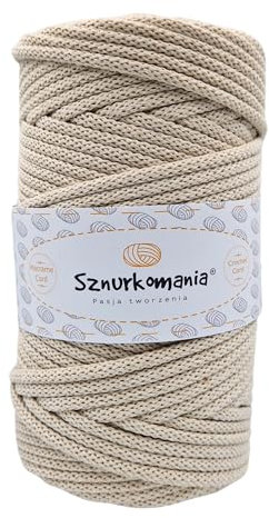 Sznurkomania, Cordoncino di cotone intrecciato 5 mm 100 m, 46 colori, corda macramè, filato macramè, filato di alta qualità, corda macramè (beige chiaro)
