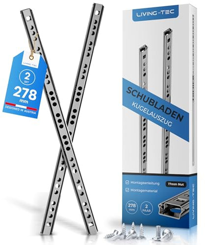 LIVING TEC® Schubladenschienen 278mm x 17mm Nut - 2Paar Gleitschiene inkl. Montageschrauben - Schubladenauszug - Schubladenauszüge - Auszugsschienen - Schienen für Schubladen Schienensystem - Auszüge