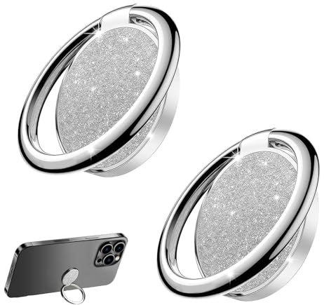 2 Piezas Anillo Soporte para Movil, 360° Rotación, Adhesión Fuerte, Agarre Movil Dedo Compatible con Smartphones de 4 a 8 Pulgadas, Plata Brillante