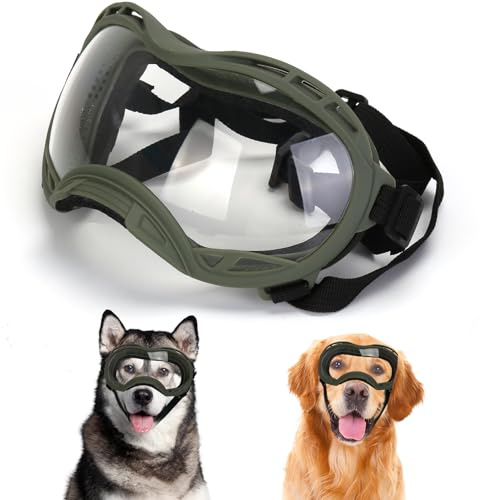 Dog Goggles for Large Dogs, UV Protection Dog Sunglasses, Adjustable Strap, Windproof、Dustproof、Anti-Fog Eye Protection Sunglasses for Large and Medium Dogs (Olive Green Frame)
