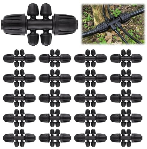 20 st låsta taggade t-kontakter, kalolary 1/2 tum till 1/4 tum droppbevattningsbeslag kit 12/16 mm till 4/7 mm rörlås honkontakt 4-vägs tagglås bevattningsdelar för trädgårdsvattningssystem