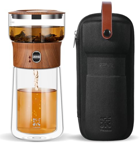 ZENS Modern Solo Tea Infuser Teapot, Smart One Touch Drip Tea Pot for Loose Tea Diffusers, Small Glass Gongfu Magical Teapot with 270ml Insulated Cup and Portable Tea Kits for Tea Lovers Gifts