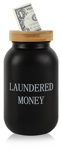 Laundry Room Coin Bank, Funny Laundered Money Tip Jar, Glass Mason With Money Slot and Bamboo Lid, Rustic Piggy Bank for Farmhouse Style Home Decor (Black)