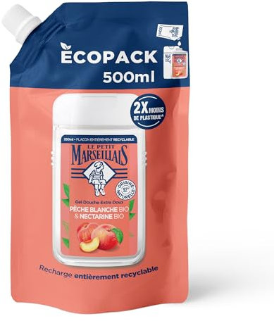 Le Petit Marseillais | Recharge Gel Douche Extra Doux Pêche Blanche Bio & Nectarine Bio (écopack de 500 ml) – 92% d'ingrédients d'origine naturelle – pH neutre pour la peau et sans colorant