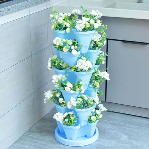 Pot de fleurs empilable en forme de tour de fraises multicouche vertical pour herbes aromatiques trèfle à quatre feuilles Pot de fleurs en plastique avec plateau pour balcon