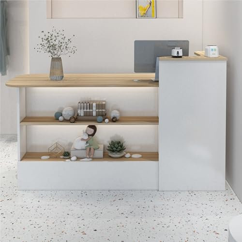 Empfangstheke Mit Regal, Empfangstresen Großes Arbeitsbrett & Tastaturschublade,Holzwerkstoff Rezeptionstisch Mit Vitrine Für Büros, Geschäfte & Hotelrezeptionen(White+Natural-L,31.5)