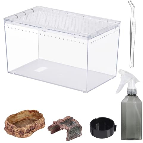 Reptile PC Terrarium 10.2 x 5.9 x 5.7 Full View Reptile Aquarium Tank Starter Kit for Insect Plant Gecko Spider Habitat Amphibians Enclosure with Hide Cave Feeding Bowl
