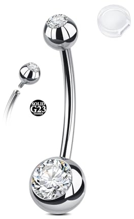 AceFun Piercing ombligo titanio plateado 16mm 14G con rosca interna revestimiento blanco brillante Piercing ombligo oro para mujer G23 Joya con 1 tapa antideslizante silicona circonita blanca