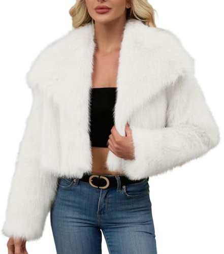 Womens Faux Fur Coat Plush Winter Warm Long Sleeve Cropped Jacket Lapel Open Front Cardigan Ladies Elegant Outwear Tops Windproof Thicked Overcoat Soft Comfy Fluffy Coats Party Club Streetwear