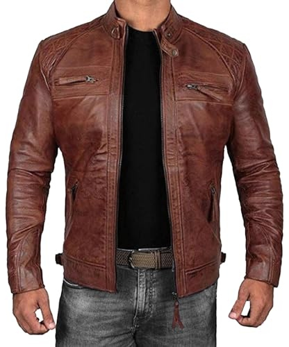Chaqueta de motociclista para hombre, de piel cordero auténtica, estilo Cafe Racer, color marrón, talla pequeña.