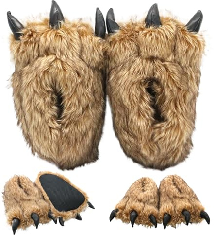 1 paire de pantoufles à griffes d'ours en fourrure, pantoufles thermiques antidérapantes en forme de patte d'ours avec semelle imperméable, griffe en peluche en coton pour la maison, cosplay, Hallo