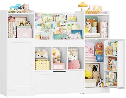 FOREHILL Libreria Montessoriana per Bambini, Organizer Giocattoli con Ripiani della Porta, Mobile Porta Giochi con Portariviste, 1 Cassetto con Ruote, 7 Scomparti Aperti, 140.3x30x108.3 cm (Bianco)