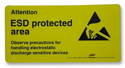Caution ESD Area 150 x 300 cm, altura externa 150 mm, ancho externo 300 mm, color negro sobre amarillo, cartel Legend ESD área protegida, material de la señal PVC (cloruro de polivinilo), advertencia