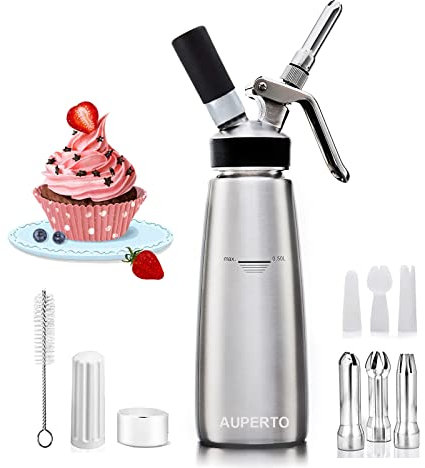 Whipped Cream Dispenser - 500ml Stainless Steel Cream Whipper Siphon with 3 Metal Decorating Nozzles/3 Plastic attachments for All Types of Dessert Decoration
