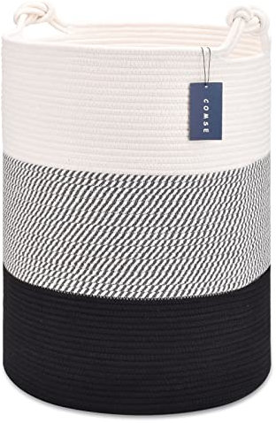 COMSE Extra Large Blanket Basket, Tall Woven Storage Basket, Nursery Hamper, 40 x 55 CM, Cotton Rope Laundry Hamper for Toys Clothes Towels, White/Gray/Black