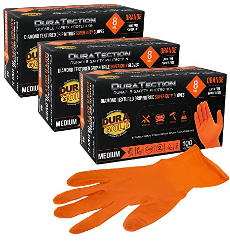 Dura-Gold Duratection 8 Mil Orange Super Duty Diamond Textured Nitrile Disposable Gloves, 3 Boxes of 100, Medium - Latex Free, Powder Free, Food Safe, Safety Protection Work Gloves, Industrial