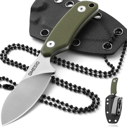 Omesio EDC Couteaux - Neck Knife avec étui Kydex, Couteau de cou Petit fixe en acier D2 Full Tang G10 poignée Nessmuk Point