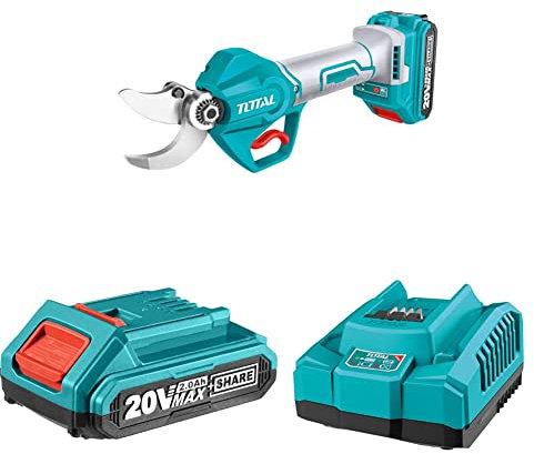 Total Tools - Pack de Tijera de Poda Eléctrica con Batería Recargable de Litio de 2 Ah y Cargador Rápido para Batería de 20V