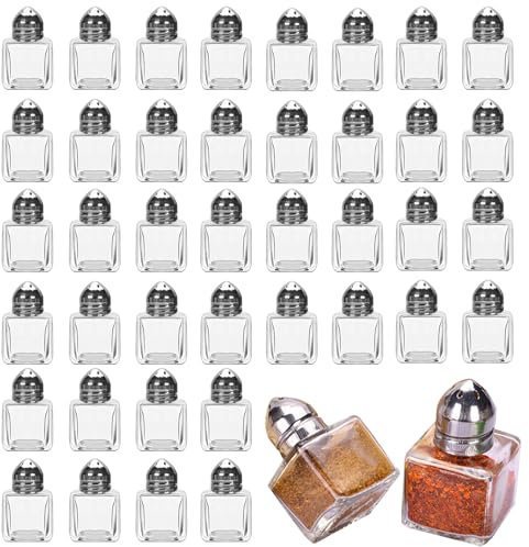 Voittozege Mini-Salz- und Pfefferstreuer, 14,2 ml, klares Glas, Gewürzstreuer, kleine Würfel, Gewürzstreuer, Behälter mit Edelstahldeckel, für Küche, Restaurant, Zubehör, 100 Stück