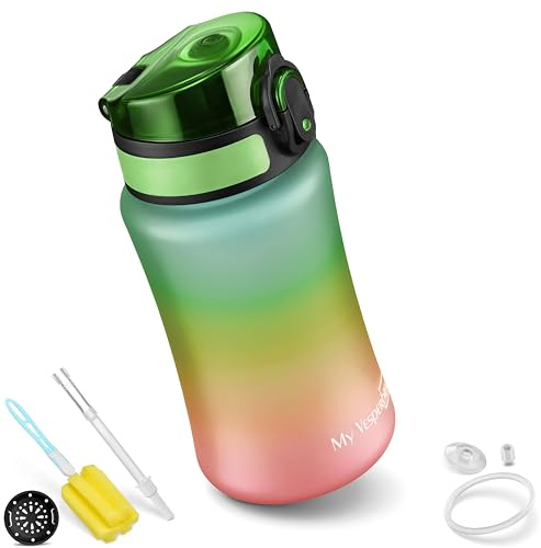My Vesperbox, Minny, läckagesäker drickflaska för barn, med sugrör eller sil, 350 ml, 500 ml, 750 ml, lätt vattenflaska i titan, BPA-fri, för dagis, skola (regnbågsfärger, 350 ml)
