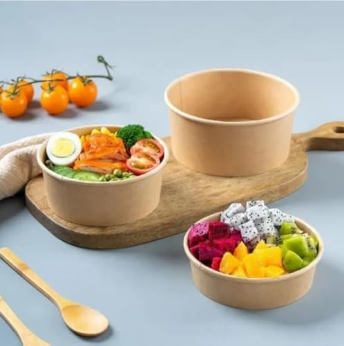 HOT BARGAINS Kraft Paper Salad Bowls, 26oz/750ml, Disposable Food Containers for Street Food, Pack of 50