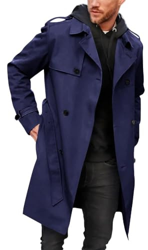 Runcati Cappotto da uomo doppiopetto trench cappotto lungo risvolto giacca da lavoro con cintura, Blu, M