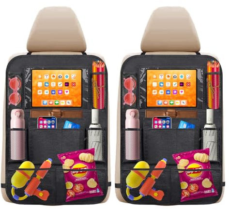 2 Pack Car Seat Organiser, Car Organiser Back Seat for Kids, WaterProof Car Seat Storage with Screen Holder 10 Pocket BackSeat Protector Kick Mats for Kids Toys Foods Books Car Travel Accessories