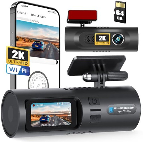 CAMECHO Auto-Dashcam 2K WiFi mit App-Steuerung, Vorne Innen mit 64GB SD-Karte, 1,5 Zoll Anzeige, Parküberwachung, G-Sensor, Schleifenaufzeichnung