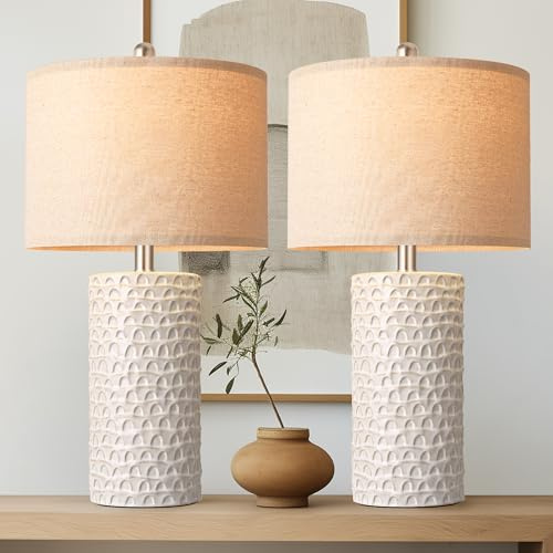 PARTPHONER 23 Modern Ceramic Table Lamp Set of 2, Table Lamps for Living Room, Rustic Farmhouse Bedside Lamps Nightstand lamp for Bedroom, White Desk Lamp for End Table Home Decor Beige