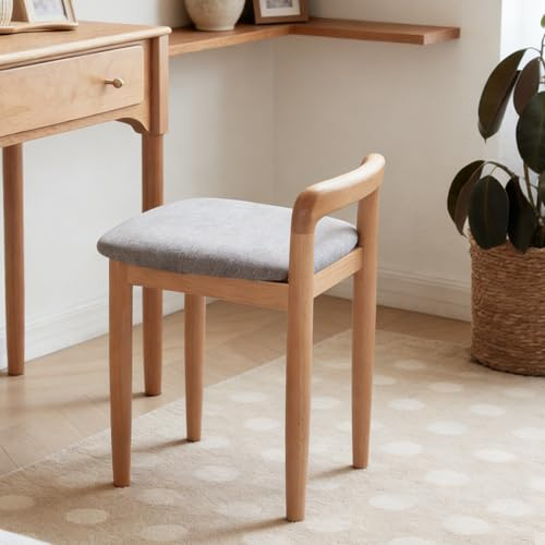 kikiumi Comfy Low Back Vanity Stool, Solid Beech Wood Frame with Grey Cushioned Seat - Natural Wood Makeup Chair for Dressing Table, Compact Desk Seat for Home Office