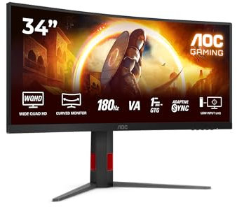 AOC CU34G4 Monitor Gaming 34 Pulgadas UWQHD Curvo, 180Hz, Fast VA, 0.5 ms MPRT, Adaptive Sync., HDR10, FreeSync Premium, Altura Ajustable (3440x1440, 2X HDMI 2.0, 1x DP 1.4), Rojo/Negro