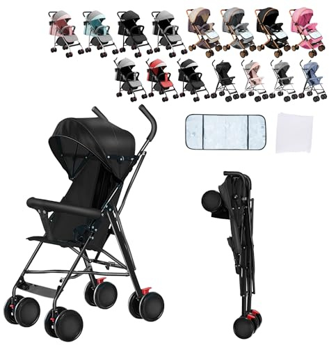 XUANYU Poussette Canne avec Tapis Rafraîchissant et Moustiquaire, Poussettes Compacte Pliable Bébé et Enfant, Poussette Bébé Jusqu'à 25 kg (Noir, Uniquement en mode assis)