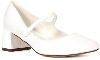 Women's Court Shoes Ladies Mary Jane Low Mid Block Heel Buckle Strap White Synthetic Leather Work Evening Party Shoes Size 6