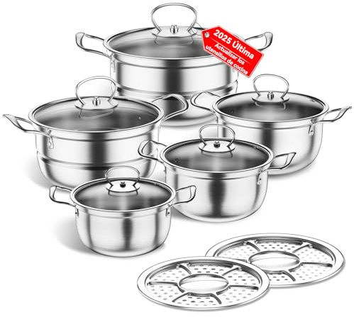 Juego de utensilios de cocina de acero inoxidable, 12 piezas de utensilios de cocina de inducción, sin recubrimiento, compatible con cocinas de inducción, gas, con tapa de vidrio (Plata clara)